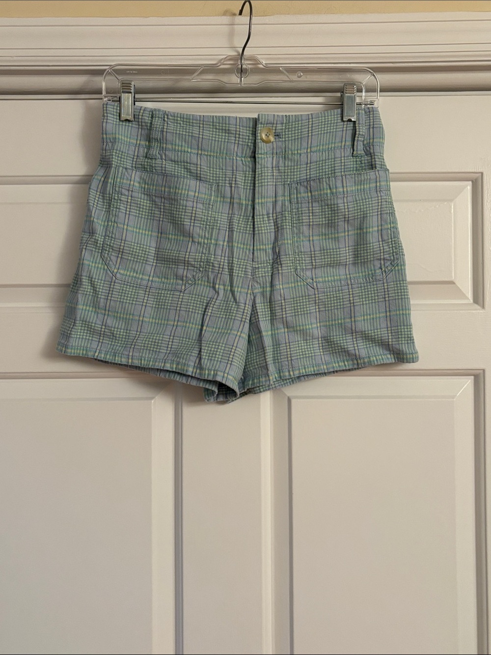 Anthropology Maeve High-Rise Plaid Shorts - Light Blue & Green